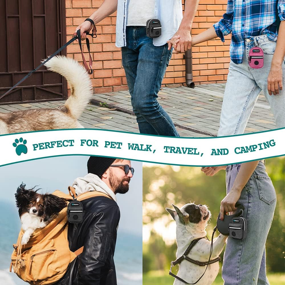 Dog Poop Bag Holder for Leash, Dog Pet Waste Bag Dispenser for Poop with Clip, Doggy Puppy Walking Accessories Travel Camping, Dog Treat Pouch Supplies Must Have with Dog Bag Roll, Dark Gray