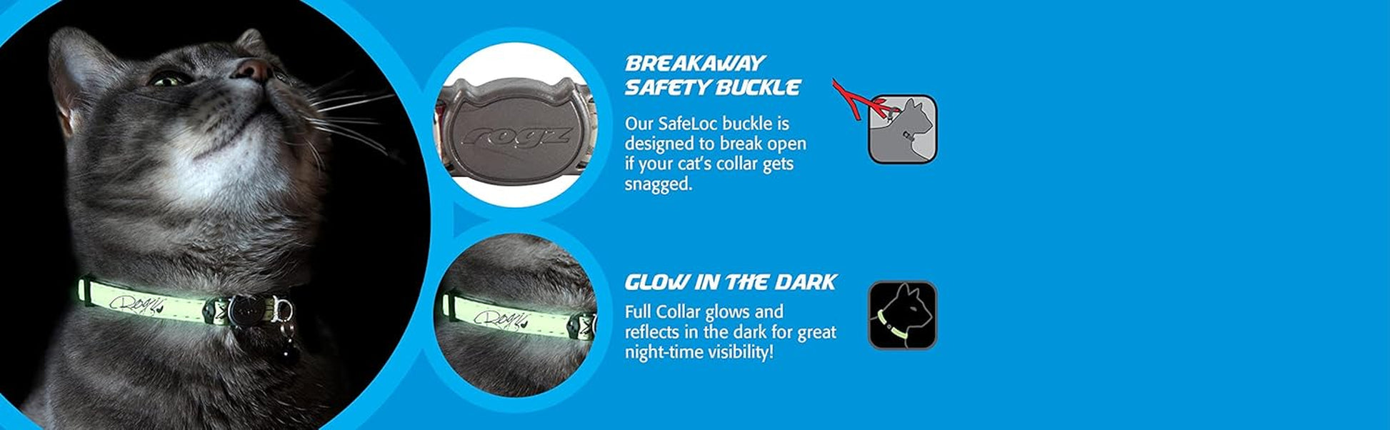 Glow in the Dark Reflective Cat Collar with Breakaway Clip and Removable Bell, Fully Adjustable to Fit Most Breeds, Blue Floral Cat Design