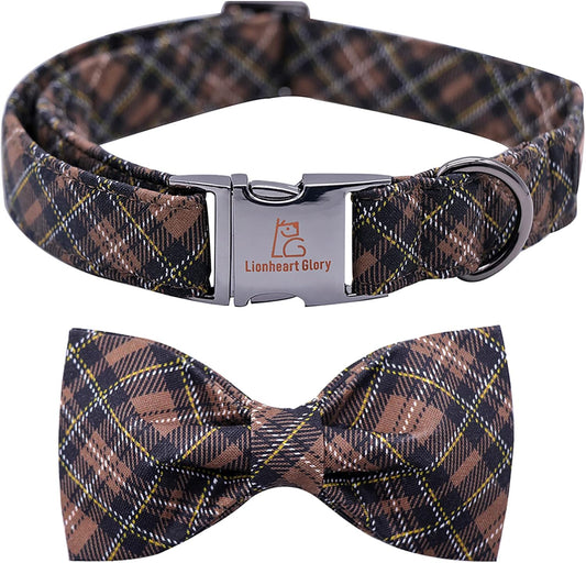 Premium Plaid Dog Collars, Bowtie Dog Collar, Adjustable Heavy Duty Dog Collar with Bow for Medium Dogs