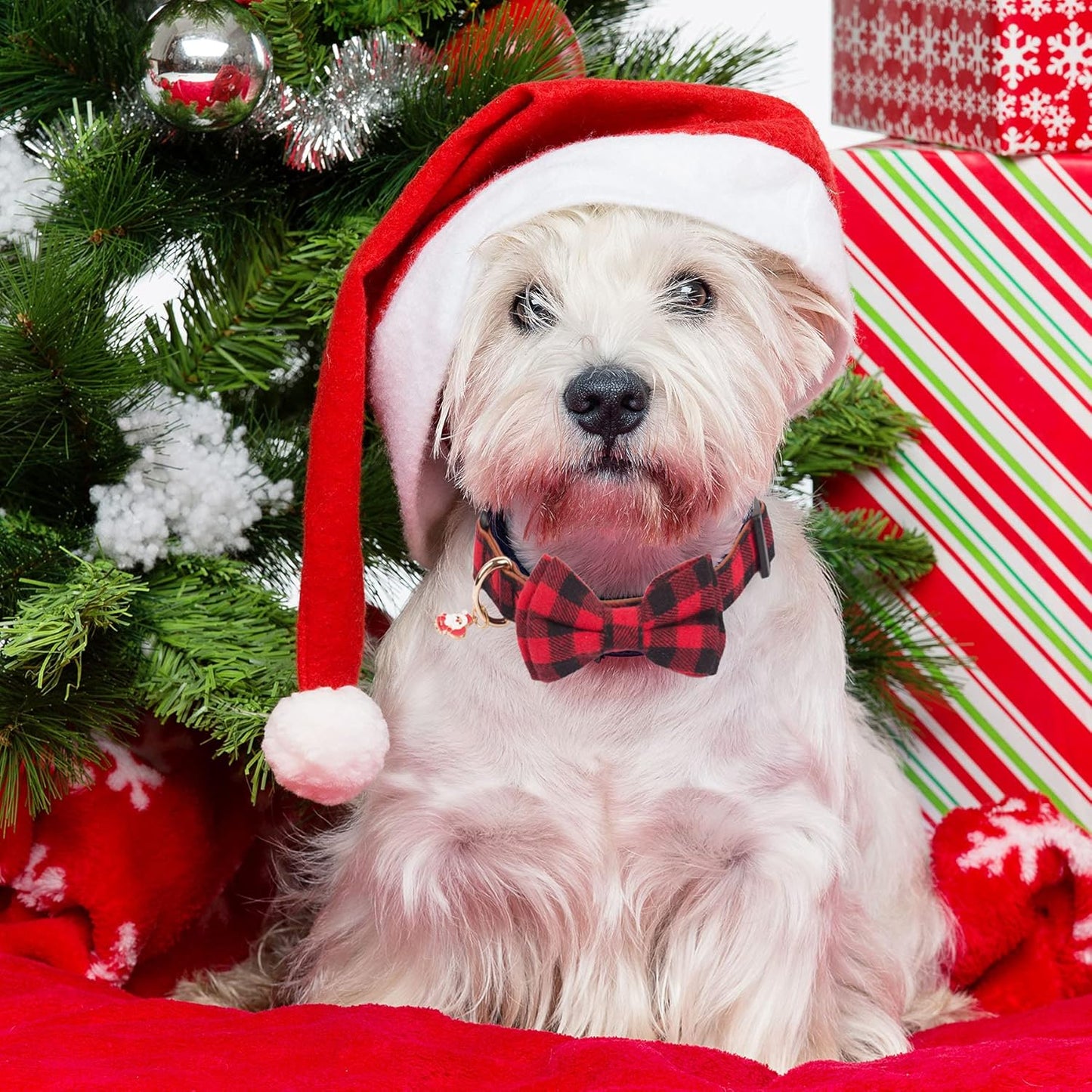 Christmas Dog Collar with Bow, Removable Bowtie, Adjustable Red Green Plaid Christmas Collars for Medium Large Dogs (Large)