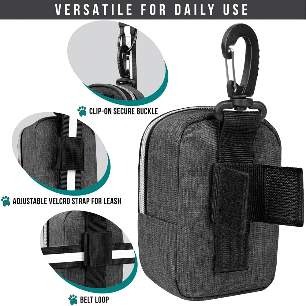 Dog Poop Bag Holder for Leash, Dog Pet Waste Bag Dispenser for Poop with Clip, Doggy Puppy Walking Accessories Travel Camping, Dog Treat Pouch Supplies Must Have with Dog Bag Roll, Dark Gray