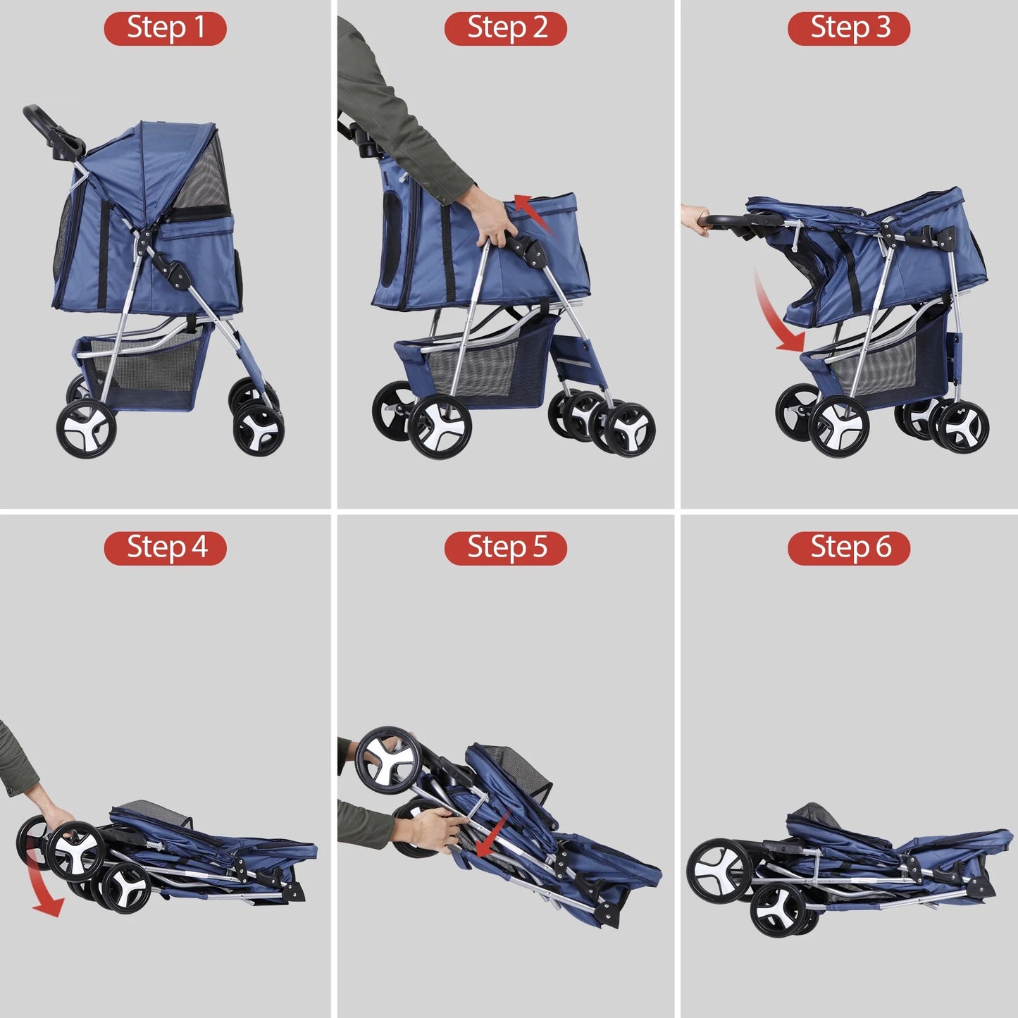 4 Wheels Small Pet Dog Stroller Foldable Strolling Cart Max.33Lbs W/Storage Basket & Cup Holder,Navy