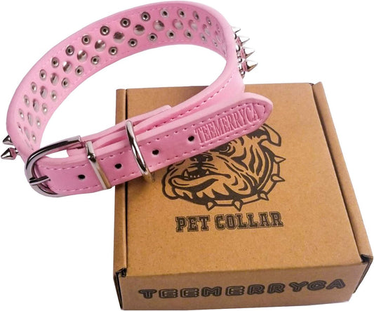 Adjustable Leather Spiked Studded Dog Collars with a Squeak Ball Gift for Small Medium Large Pets like Cats/Pit Bull/Bulldog/Pugs/Husky, Pink, XL 17.7-20.5 Inches