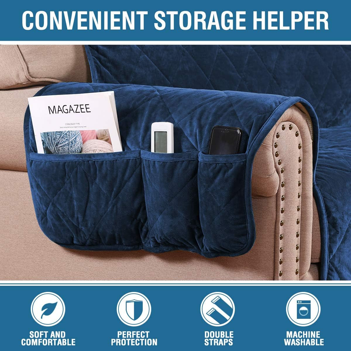 Thick Velvet Sofa Cover Soft Couch Cover for 3 Cushion Cover Washable Furniture Protector for Dogs Non-Slip Sofa Slipcover with Elastic Strap Fit Sitting Width up to 70"(Sofa, Navy)