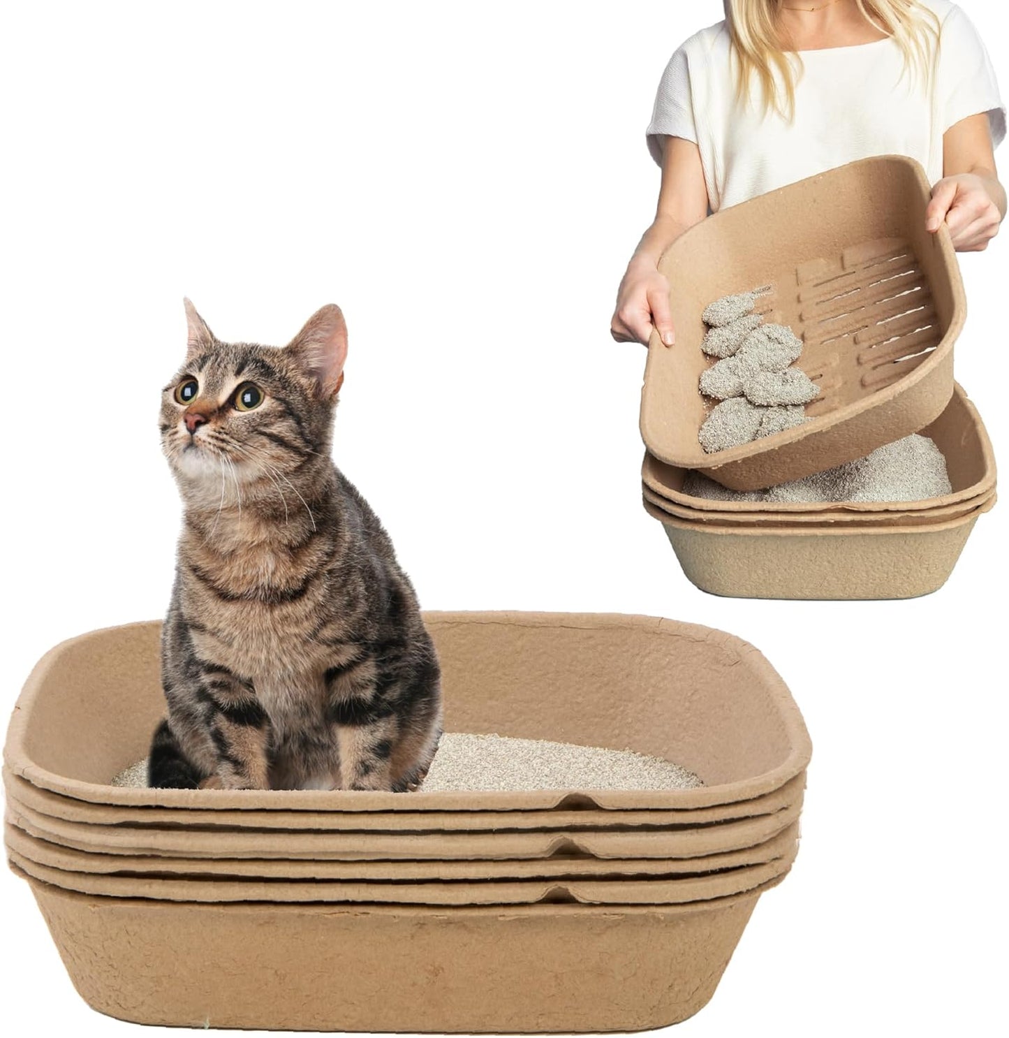 (Set of 1 Litter Box & 5 Sifting Liners) Disposable Sifting Cat Litter Box Large, 6 Count, Durable Portable for Travel and Home Odor Control