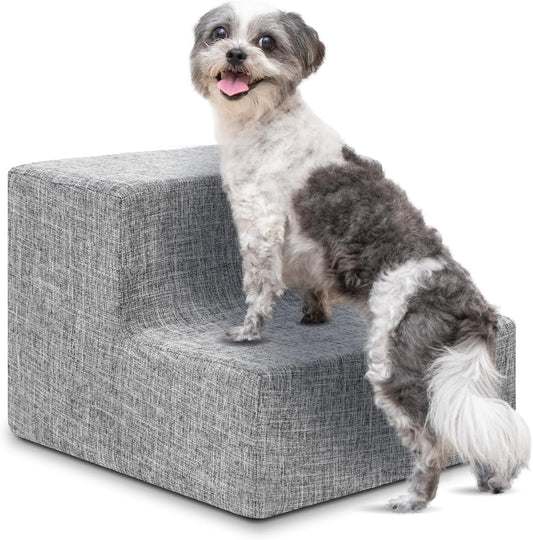 Dog Stairs & Steps - Foam Steps for Small Dogs & Cats, Non-Slip Indoor Balanced Pet Step Support, Dog Ramp, No Assembly, Ash Gray Linen, 2-Step (12-Inch Height)