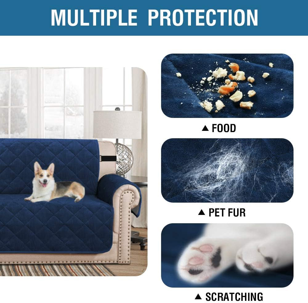 Thick Velvet Sofa Cover Soft Couch Cover for 3 Cushion Cover Washable Furniture Protector for Dogs Non-Slip Sofa Slipcover with Elastic Strap Fit Sitting Width up to 70"(Sofa, Navy)