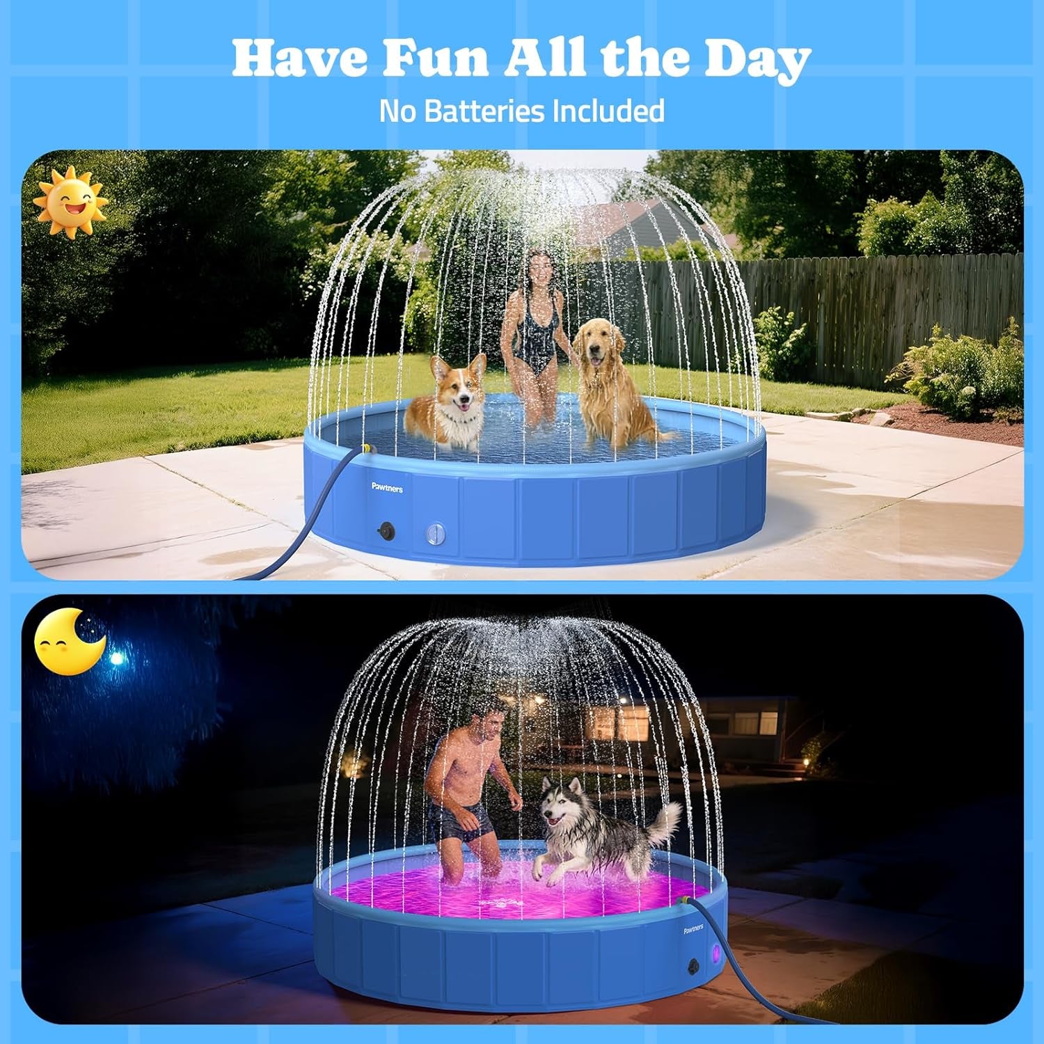 87" Foldable Dog Pool with Sprinkler & RGB LED Light, Collapsible Hard Plastic Swimming Pool for Small Large Dogs Cats and Kids, Portable Pet Bathing Tub Wading Pool for Backyard Camping Blue