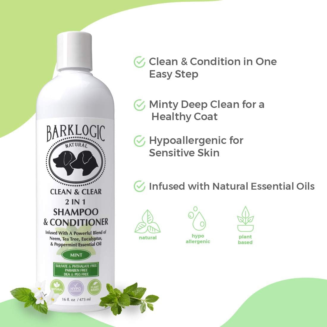 Clean & Clear 2 in 1 Shampoo & Conditioner, Mint, 16 Fl Oz - Grooming Essentials for a Quality Coat - No Parabens, No Phthalates, No Sulfates, No DEA & PEG, Safe & Vegan