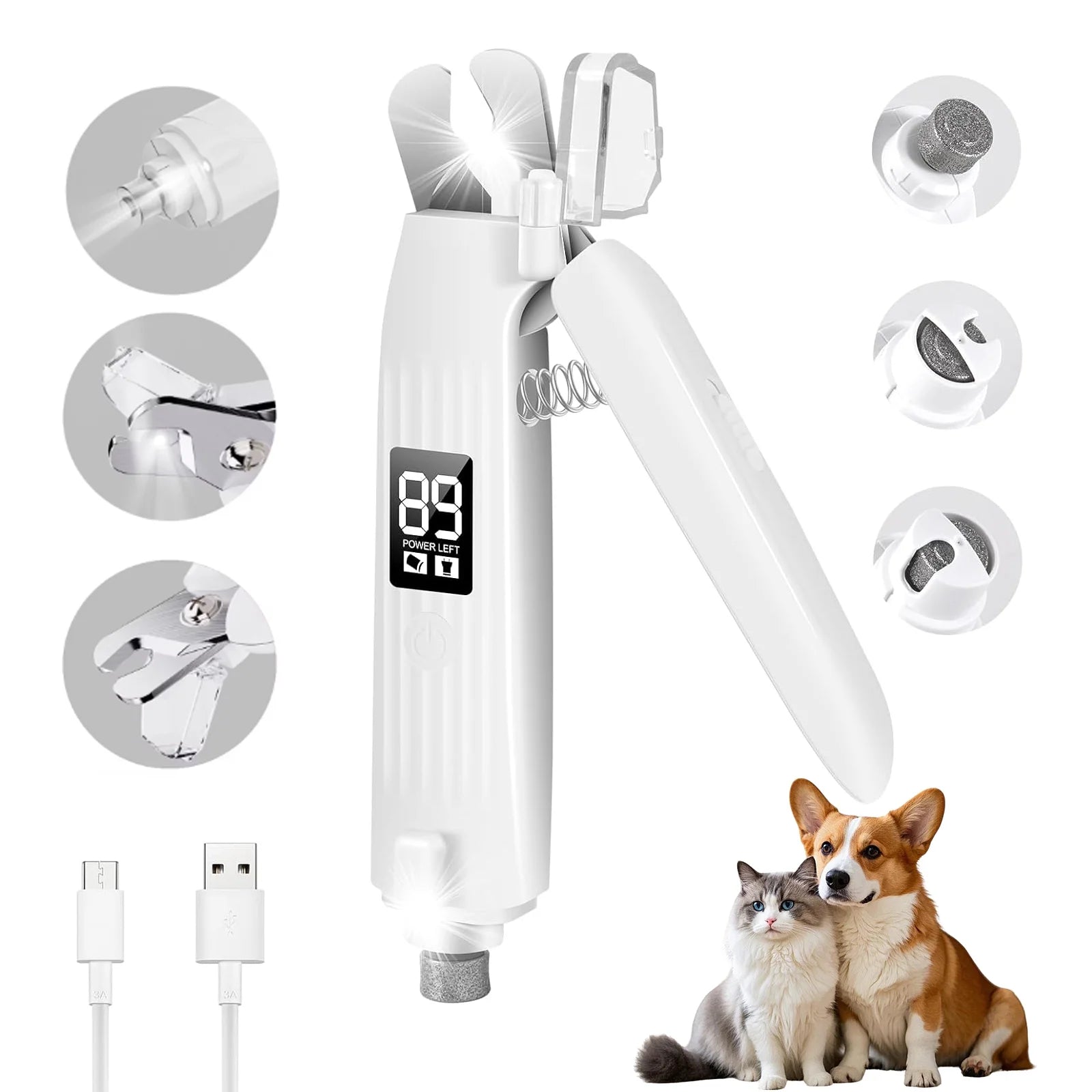 2-In-1 Dog Cat Nail Clippers and Grinder with 2 LED Lights ,Splash Guard,Usb Rechargeable for Small Medium Large Dogs Cats
