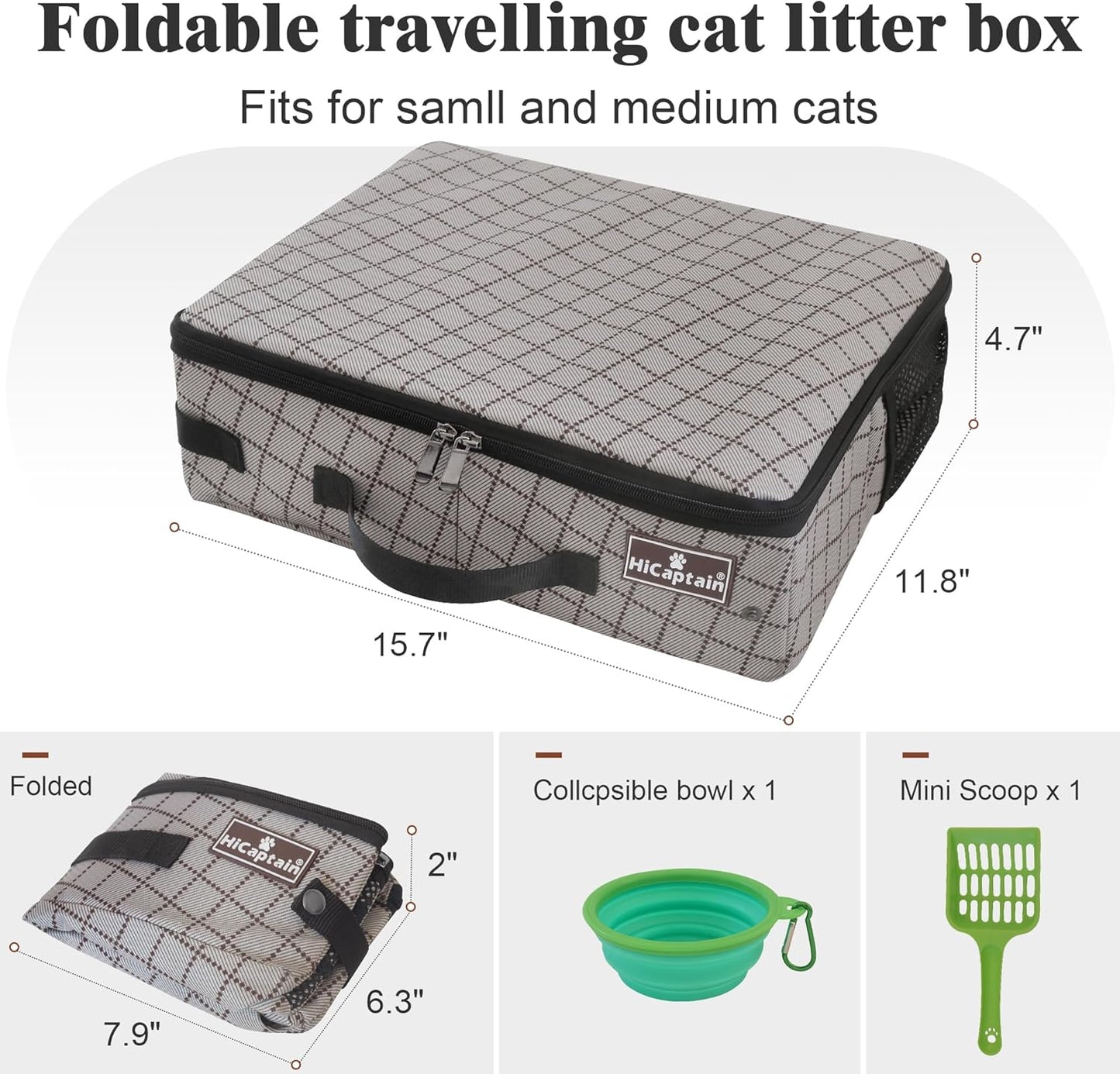 Portable Travel Litter Box with Lid, Foldable Cat Travel Litter Box - Leakproof, Odor-Free & Waterproof. Ideal for Road Trip, Cars, Hotels and Airplane- Khaki