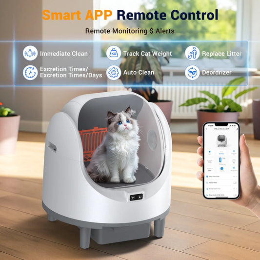 Automatic Cat Litter Box, 68L Open-Top Litter Box for Multi Cats with APP Control, Weight Monitoring and Safety Sensor, 8L Waste Bin, Trash Bag, Pedal