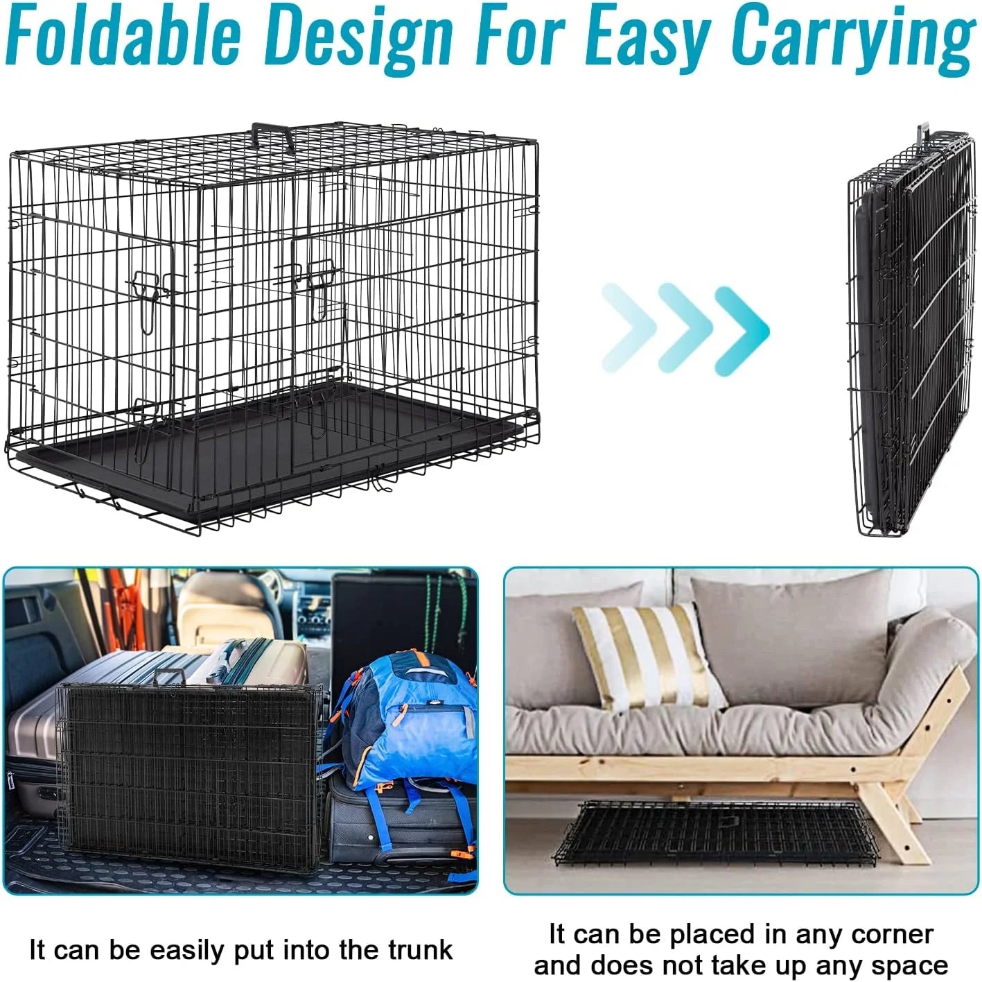 24 Inch Foldable Metal Dog Crate for Small Dogs, Double Door, Divider, Removable Tray(Black)