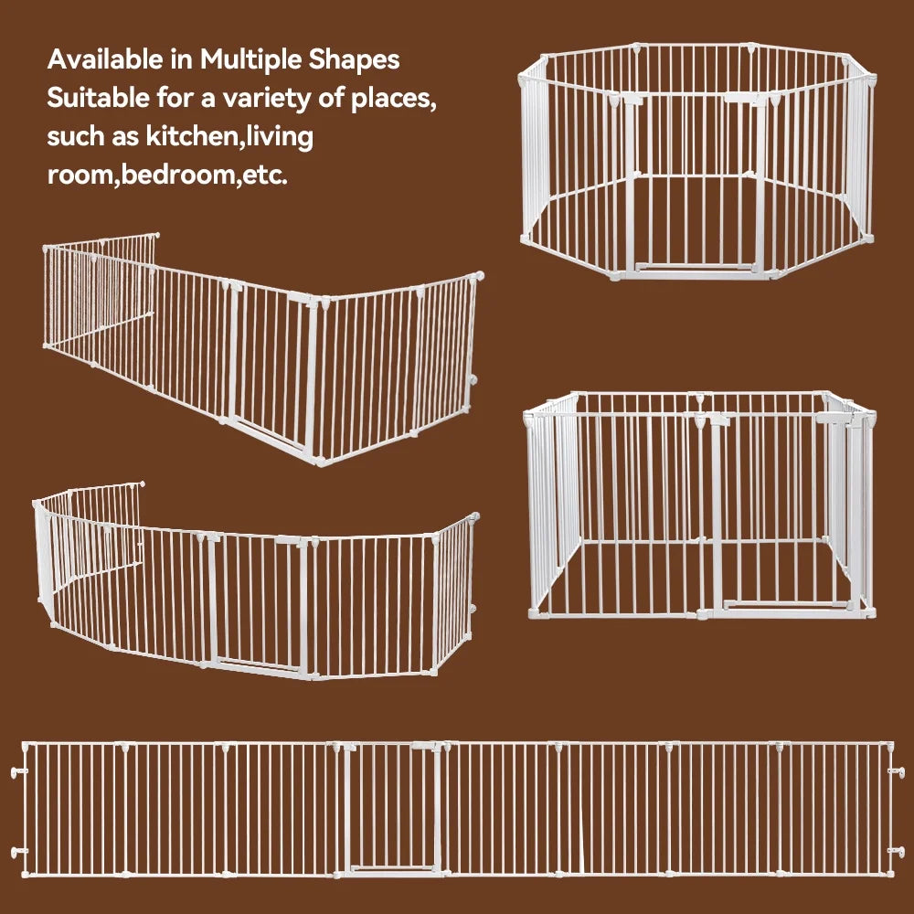 Baby Gates, 8Panel 198" Extra Wide 30" Tall Baby Gates Fireplace Fence Toddler Playard, White