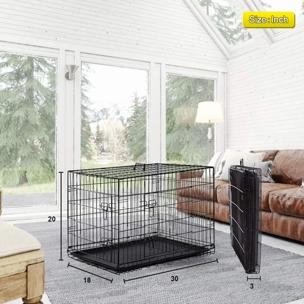 30 Inch Dog Crate for Small Dogs, Folding Metal Wire Crates Dog Kennels Outdoor and Indoor Pet Crate with Double-Door, Black