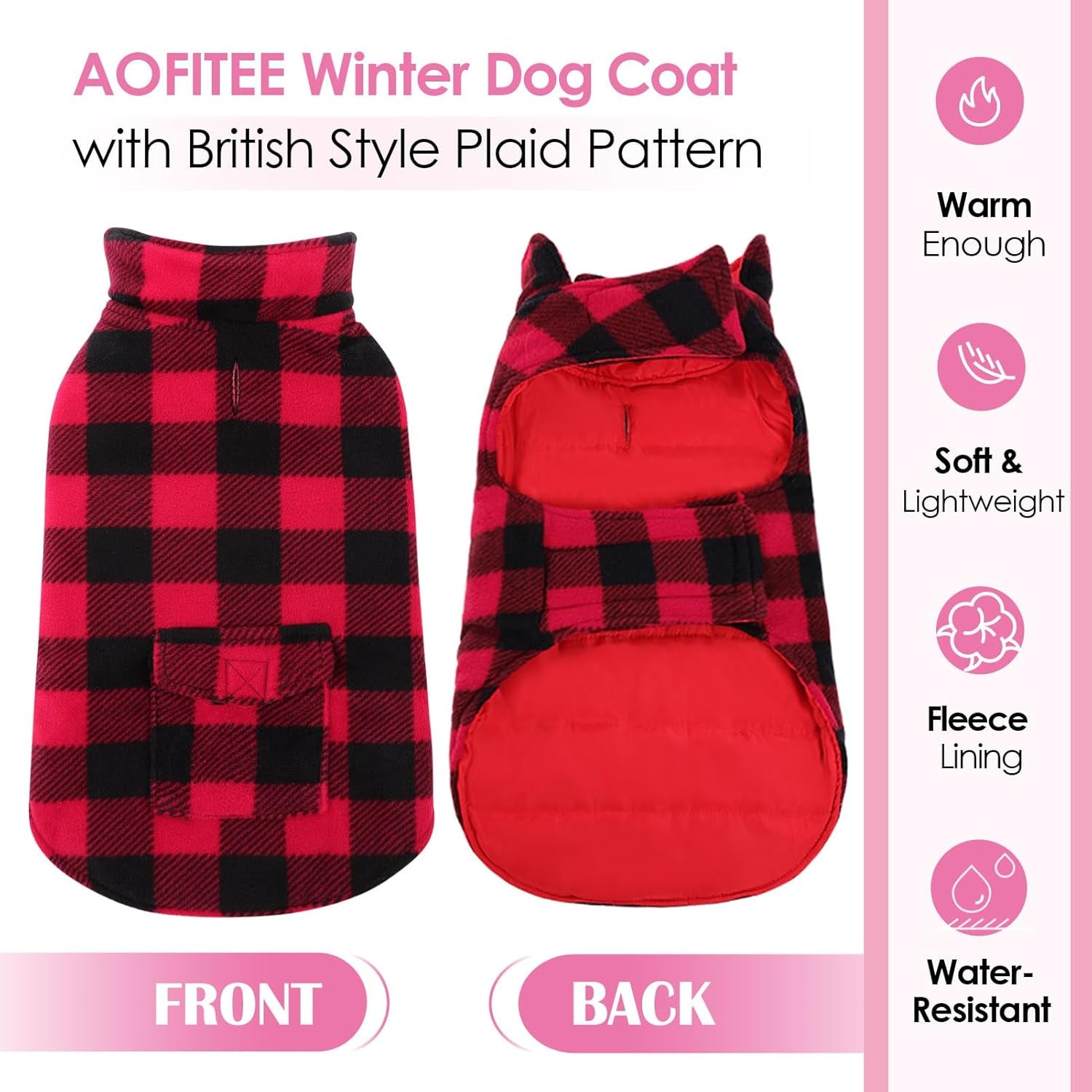 Dog Coat Plaid Dog Winter Coat for Large Dogs, Warm Dogs Jacket Christmas Sweater, Waterproof Pet Puffer Jacket, Reversible Pet Cold Weather Coats for Small Medium Large Pets, Red XL