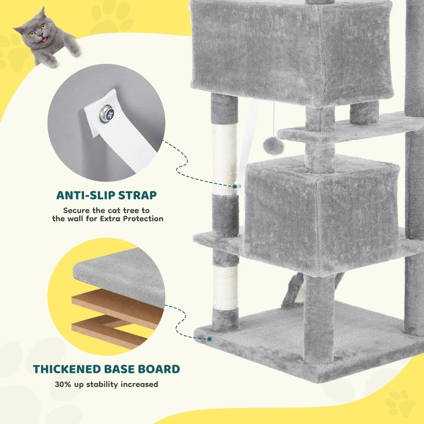 54" Cat Tree Tower Multi-Level with Scratching Post, Large Condo for Indoor, Light Gray