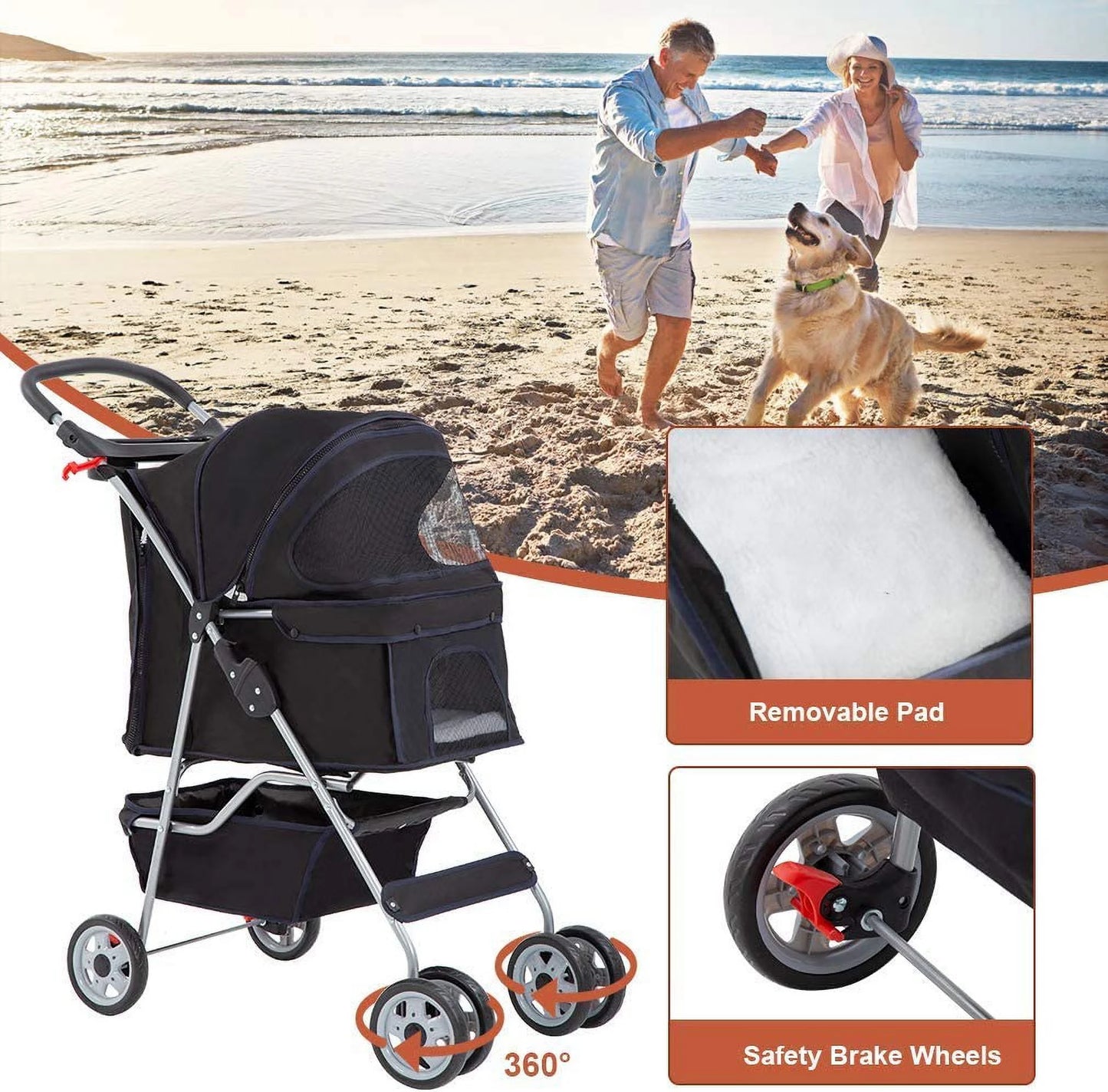 Folding Pet Stroller, Black, 39"H