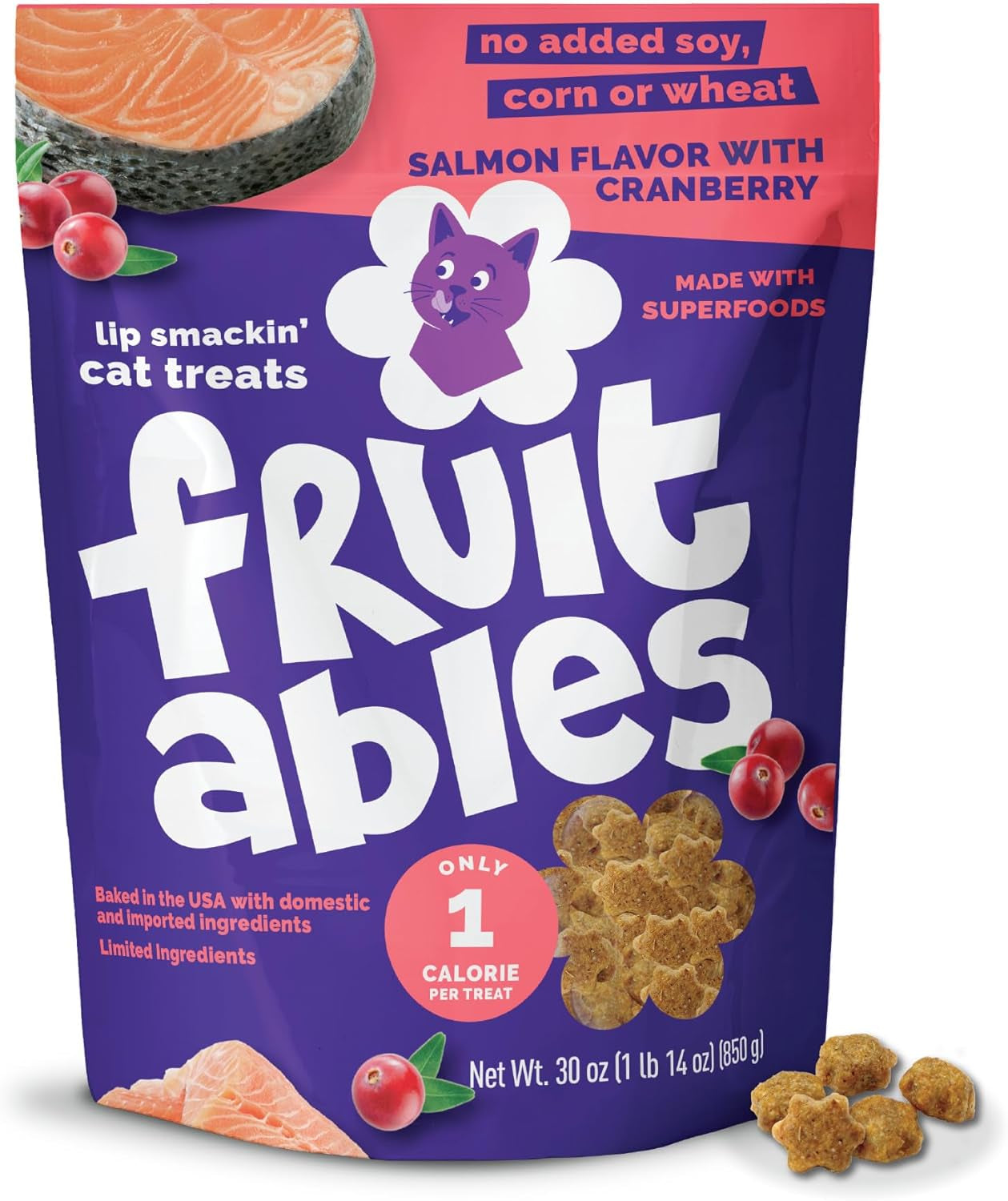Cat Treats Crunchy Cat Treats, Healthy Low Calorie Kitten Snacks, Made without Wheat, Corn and Soy, Kitten Essentials, Made with Real Salmon and Cranberry, 30 Ounces