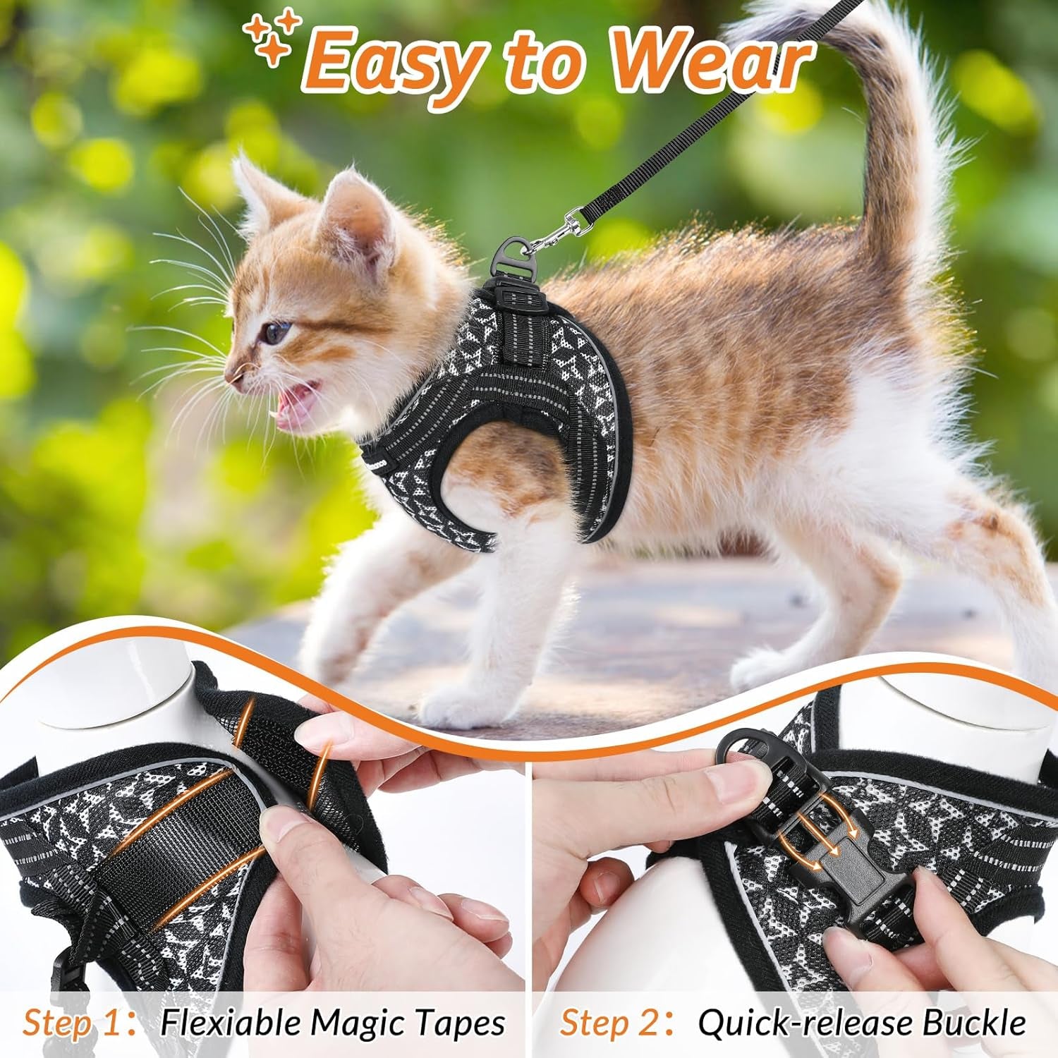 Cat Harness and Leash Escape Proof for Walking, Safe Adjustable Medium Kitten Vest Set with Reflective Strip for Kitty, Easy Control Comfortable Soft Outdoor Pet Harnesses, Black, Medium