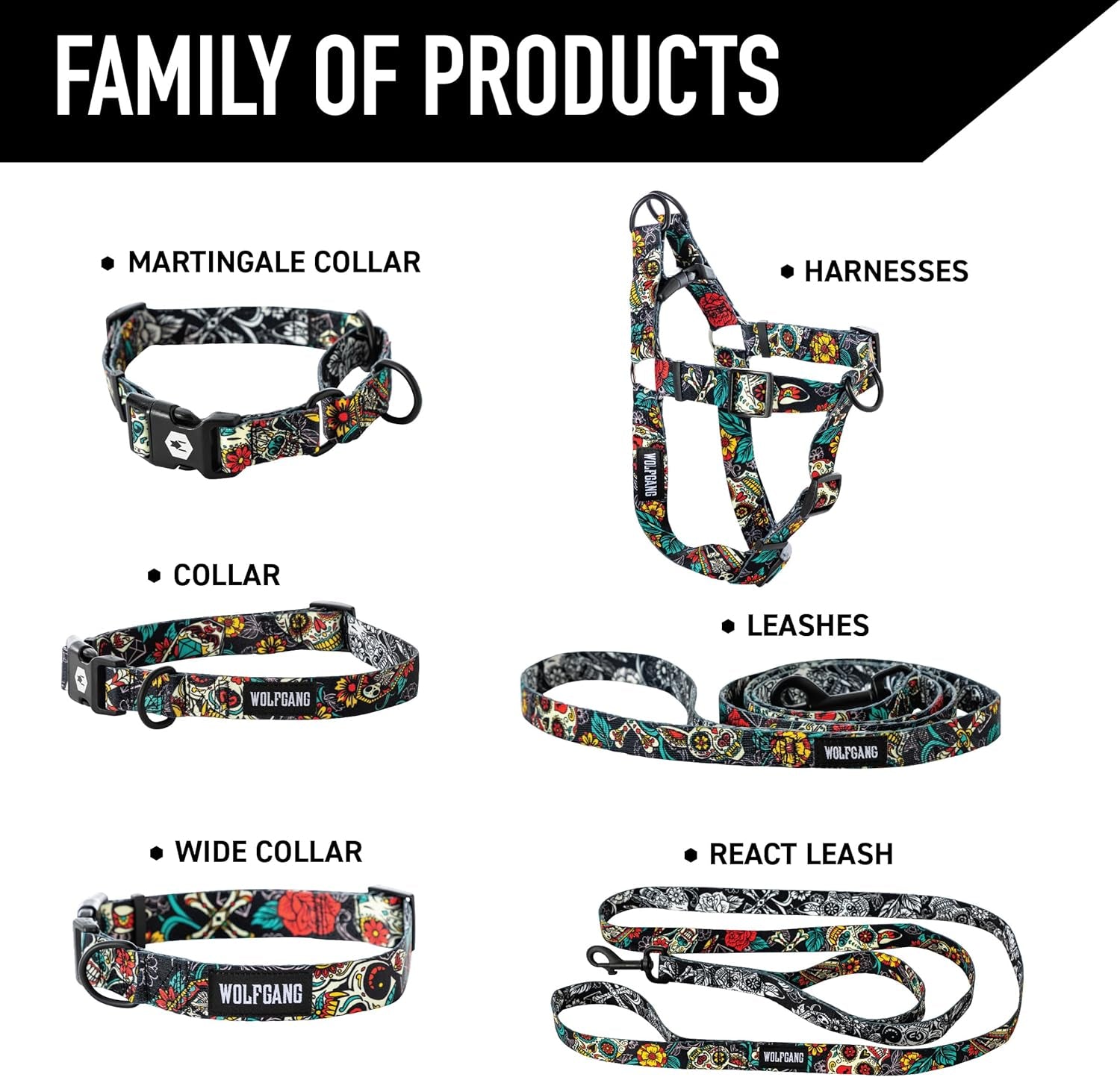 Wolfgang Heavy Duty Adjustable Dog Harness, Pull-Tested to over 800 Lbs for Walking & Training, Losmuertos Print, Large