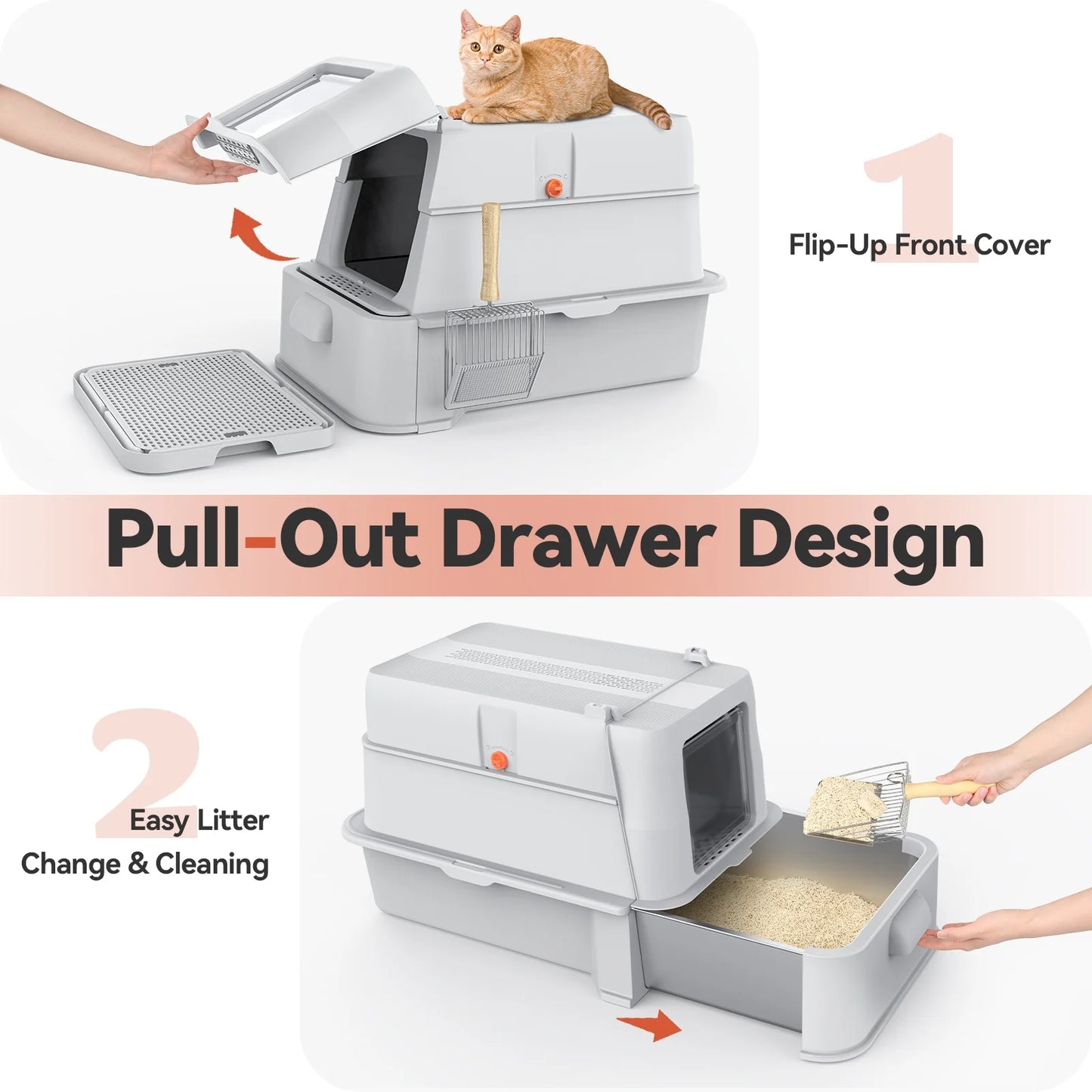Covered Stainless Steel Cat Litter Box with Odor Control, Modular Design with Drawer, Easy to Clean with Scoop,Xl Size Fits All Cats (Light Grey)
