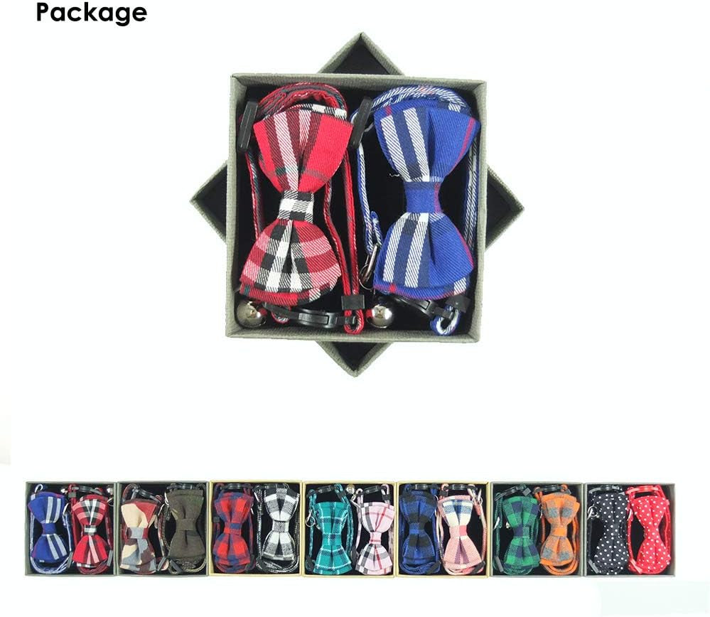 Cat Collar Breakaway with Bell and Bow Tie, Plaid Design Adjustable Safety Kitty Kitten Collars Set of 2 Pcs(6.8-10.8In) (Red&Blue Plaid)