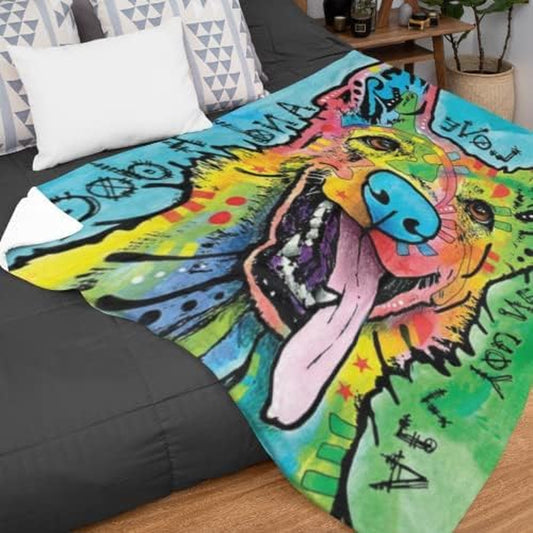 Dean Russo - Colorful German Shepherd Fleece Blanket, Queen Size -Super Soft Plush Blanket for Adults and Kids, Machine Washable - Ideal for Dog Lovers and as a Gift - 75 X 90 In