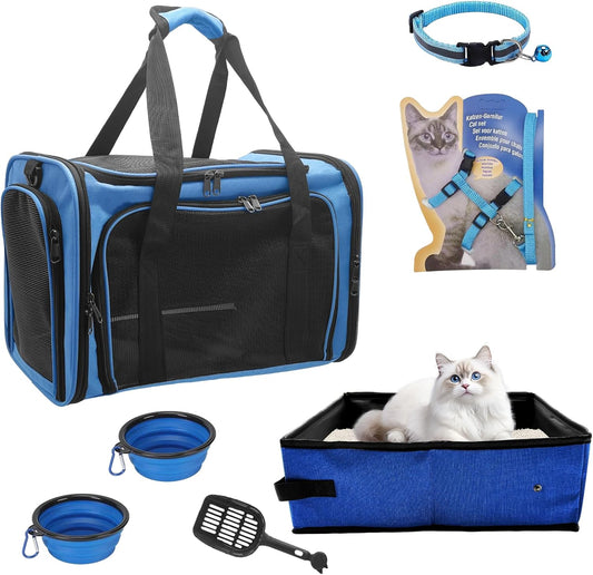 Cat Carrier Soft-Sided & Foldable Travel Litter Box for Cats, Fit 20Lbs Pets, 17.7' * 11.8 * 11.8 Inches Cat Bag for Traveling & Camping, Indoor & Outdoor, Pet Carrier Kit, Blue