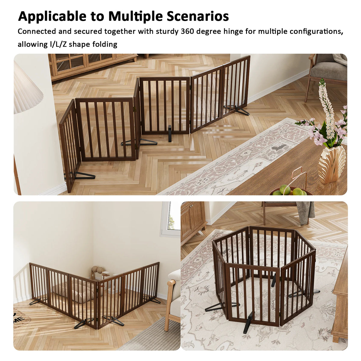 Bamboo Dog Gate Freestanding 6 Panel Pet Gate for Doorways, 4 Support Feet, Espresso