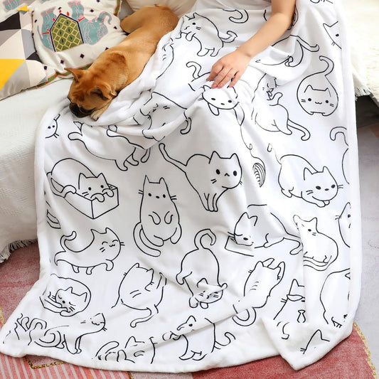Cat Blanket Ultra Soft Flannel Throw Gifts for Cats Lovers Girls Women Mom White Lovely Kitten Pattern Blankets for Couch Bed Sofa (50"X60", Cat 2)