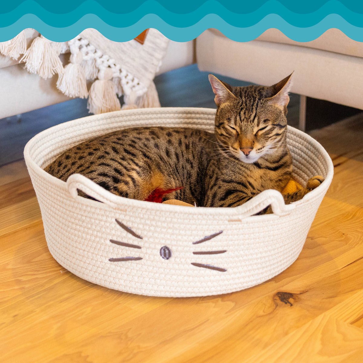 Bed & Basket Retreat 2-In-1 Cat Bed with Removable Cushion, Plush Cotton Rope, White, 15 in – Versatile Pet Bed and Toy Storage Basket