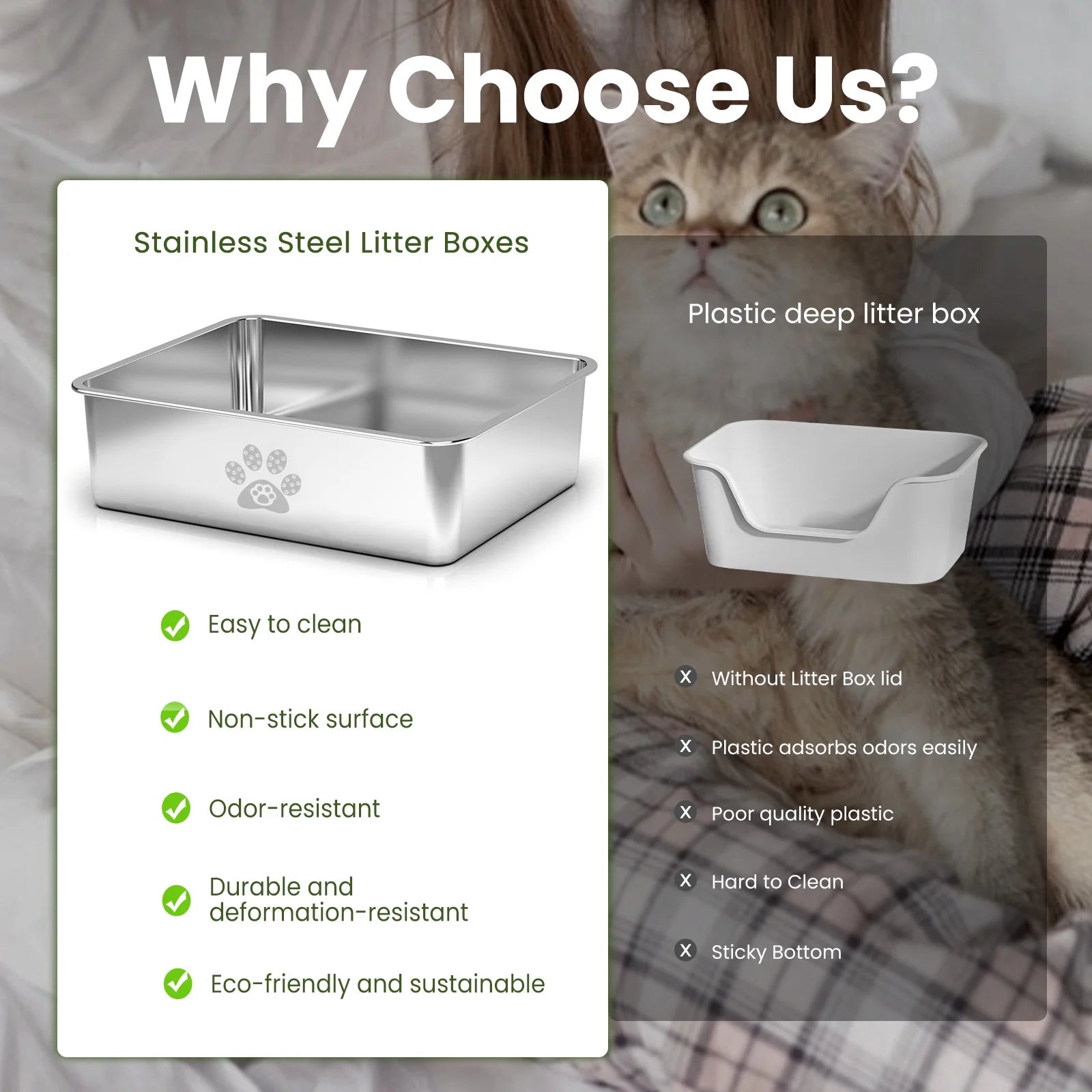 Cat Litter Box with High Sides Large Stainless Steel Cat Litter Pan 15.7" X 11.8" X 3.9"