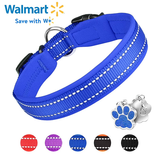Dog Collar for Small Dog with Tag Reflective Soft Neoprene Padded Breathable and Adjustable Collar, Odour Resistant and Fast Drying-Blue-S