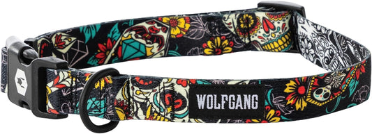 Wolfgang Heavy Duty, Adjustable Dog Collar with Quick Release Nylon Buckle for Walking & Training, Losmuertos Print, Large