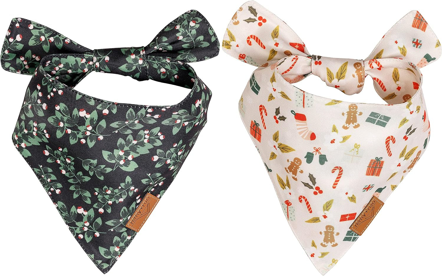 Dog Bandanas - 2 Pack | Holly Set | Premium Durable Fabric | Patented Shape Bandanas for Dogs | Adjustable Fit | Multiple Sizes Offered