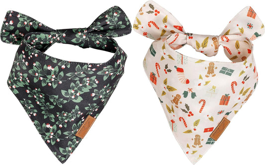 Dog Bandanas - 2 Pack | Holly Set | Premium Durable Fabric | Patented Shape Bandanas for Dogs | Adjustable Fit | Multiple Sizes Offered