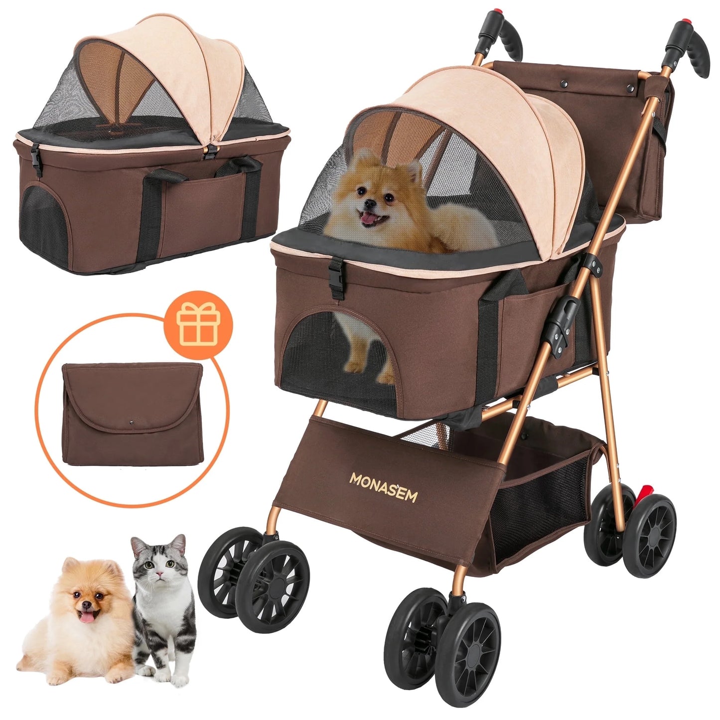 3-In-1 Pet Stroller, Foldable 4-Wheel Cat & Dog Stroller with Detachable Carrier, Canopy and Storage Basket, up to 60Lbs, Brown