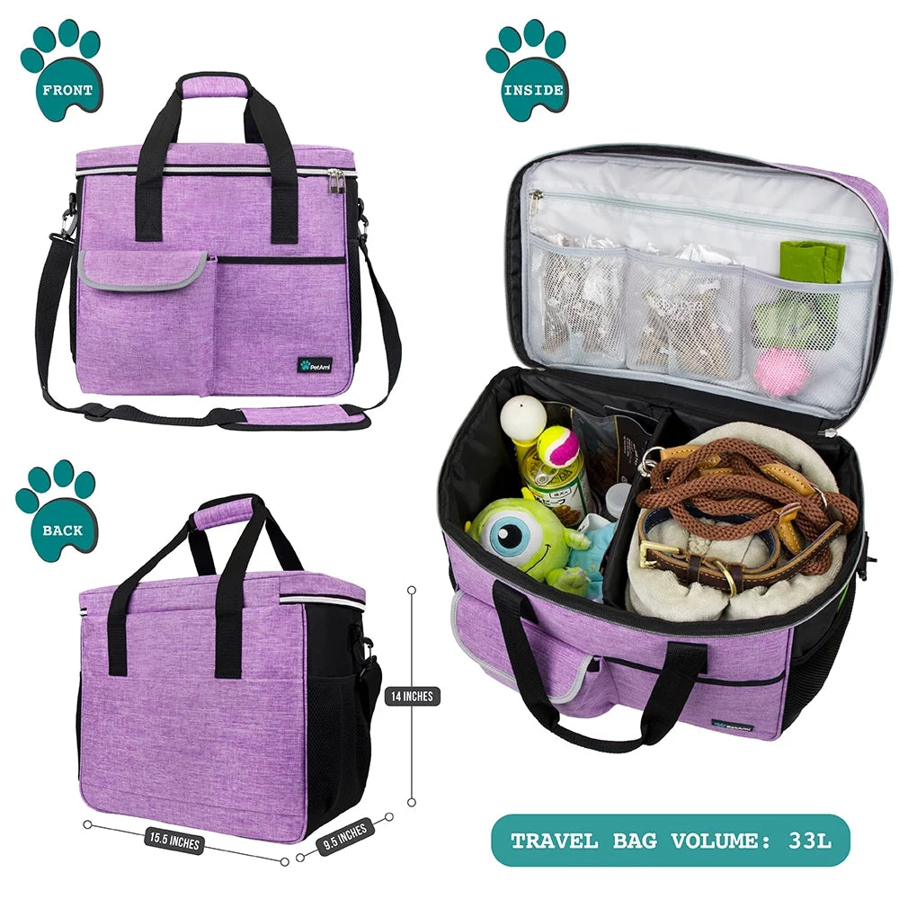 Dog Travel Bag, Travel Pet Bag Organizer, Dog Food Travel Bag with Food Container and Bowls, Dog Travel Supplies Gift Accessories for Weekend Camping, Dog Cat Diaper Bag (Purple, Large)