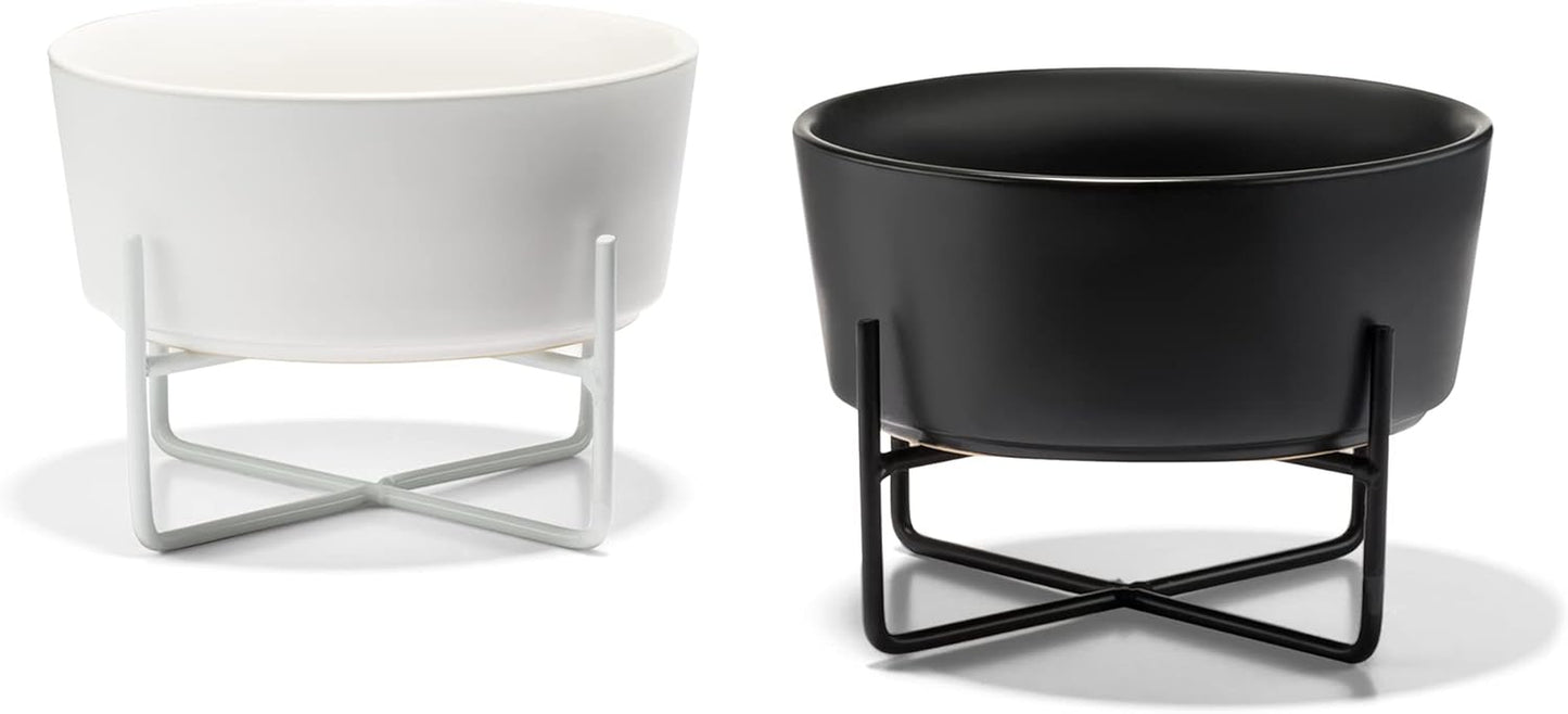 Simple Solid Dog Bowl and Dog Bowl Stand - Single Iron Stand with Single Ceramic Feeder or Water Bowl (Medium, Matte White)