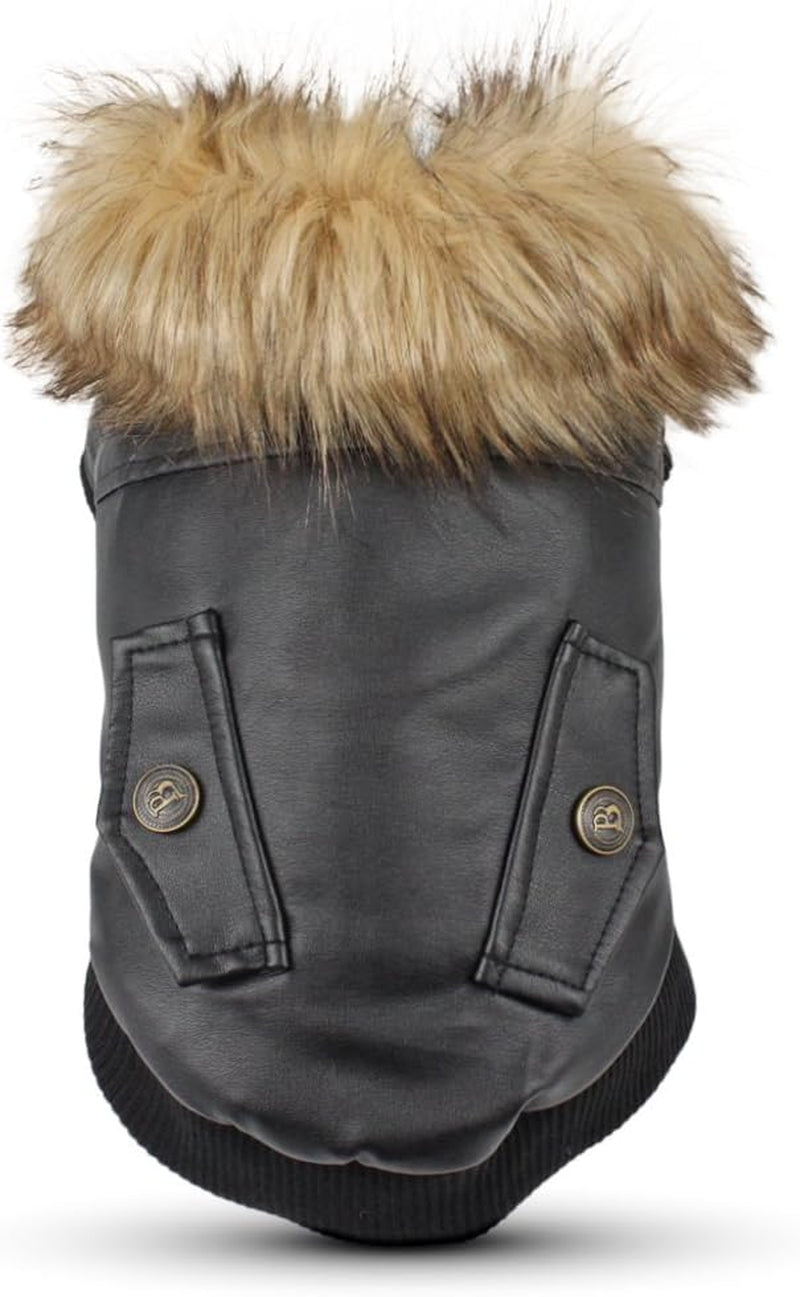 Dog Leather Jacket for Small Dogs, Waterproof Dog Winter Jacket Puppy Coat with Fleece Lined, Ultra Warm Fur Collar Doggie Coat, Black X-Large