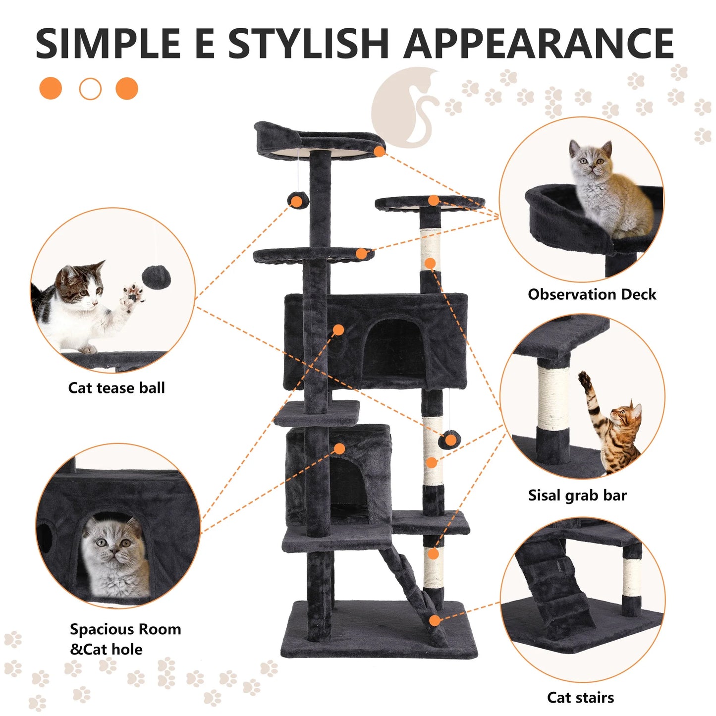 54 Inch Cat Trees and Towers for Indoor Cats, Cat Condo Scratching Post for Adult Cats, Multi-Level Cat Towers for Small Cats, Dark Gray