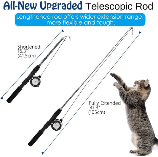 Cat Feather Toys, 4 Pack Interactive Cat Feather Teaser Wand Toys, Retractable Fishing Pole Wand Catcher Exerciser with Refill Fish, Dragonfly Worm with Bells, Fun Cat Kitten Kitty Playing Toy