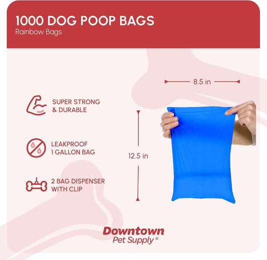Dog Waste Bags (1000 CT - Rainbow Bags & 2 Dispensers) Clips to Dog Leashes & Harnesses - Poop Scoop Bags Are Leak-Proof & Unscented
