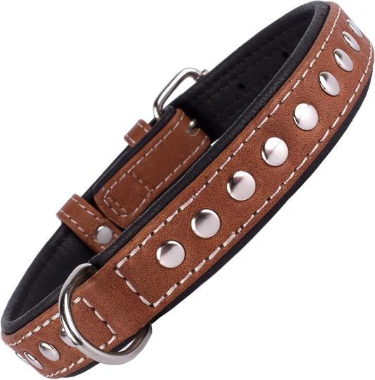 Studded Dog Collar Leather Pet Collars for Dogs Small Medium Large Puppy Soft Padded Brown Black (Brown, Neck Fit 17" - 19")