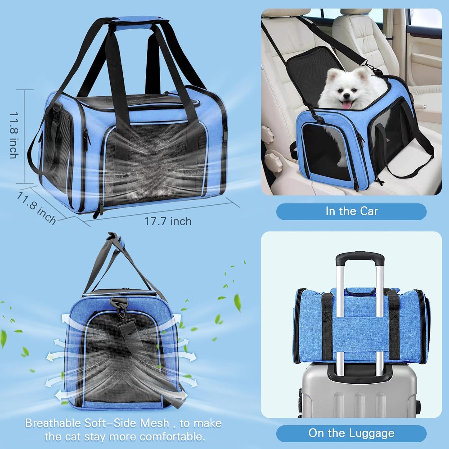 Cat Carrier Soft-Sided & Foldable Travel Litter Box for Cats, Fit 20Lbs Pets, 17.7' * 11.8 * 11.8 Inches Cat Bag for Traveling & Camping, Indoor & Outdoor, Pet Carrier Kit, Blue
