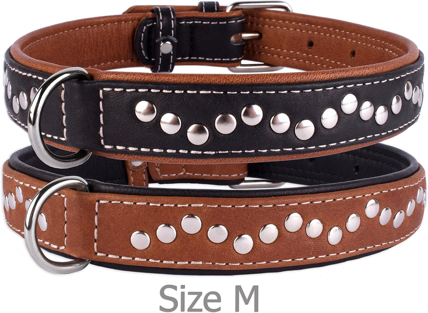 Studded Dog Collar Leather Pet Collars for Dogs Small Medium Large Puppy Soft Padded Brown Black (Brown, Neck Fit 17" - 19")