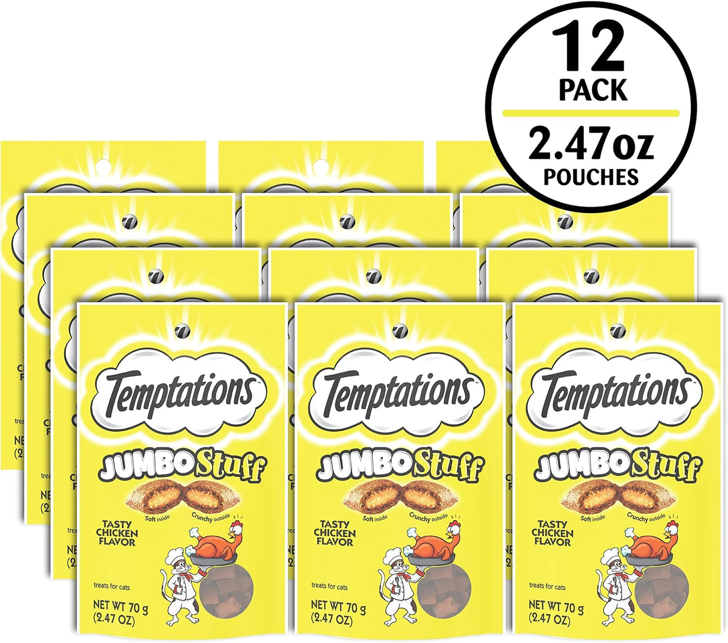 Jumbo Stuff Crunchy and Soft Cat Treats, Tasty Chicken Flavor, 2.5 Oz. Pouch (Pack of 12)