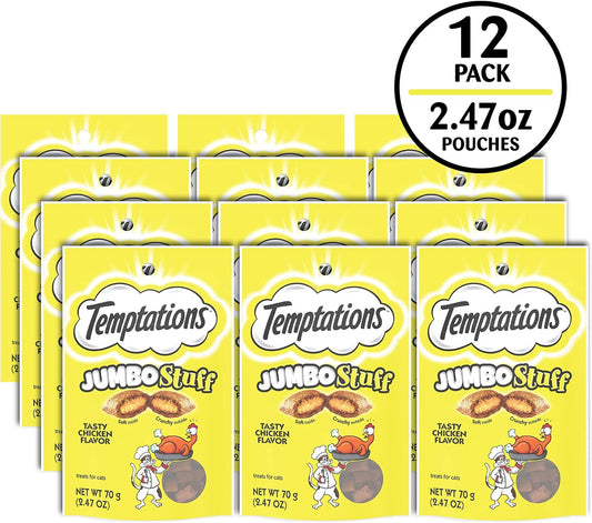 Jumbo Stuff Crunchy and Soft Cat Treats, Tasty Chicken Flavor, 2.5 Oz. Pouch (Pack of 12)