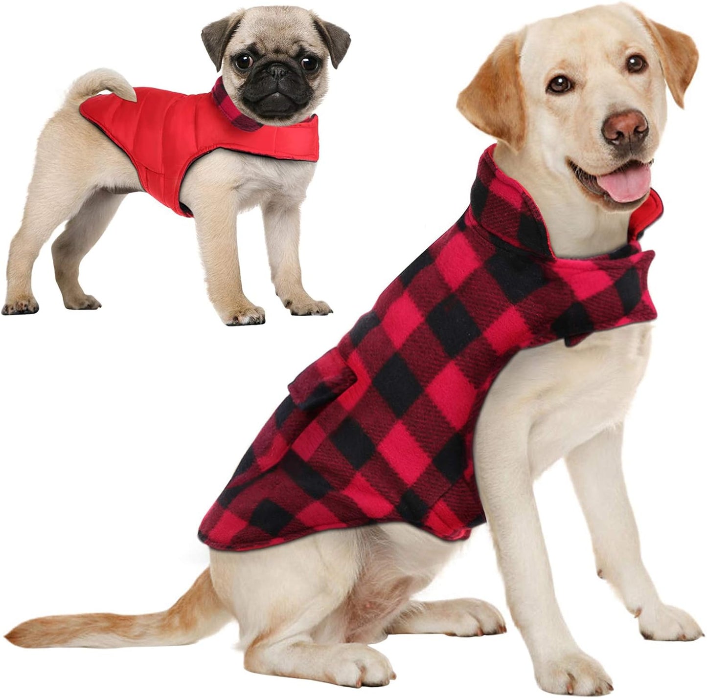 Dog Coat Plaid Dog Winter Coat for Large Dogs, Warm Dogs Jacket Christmas Sweater, Waterproof Pet Puffer Jacket, Reversible Pet Cold Weather Coats for Small Medium Large Pets, Red XL